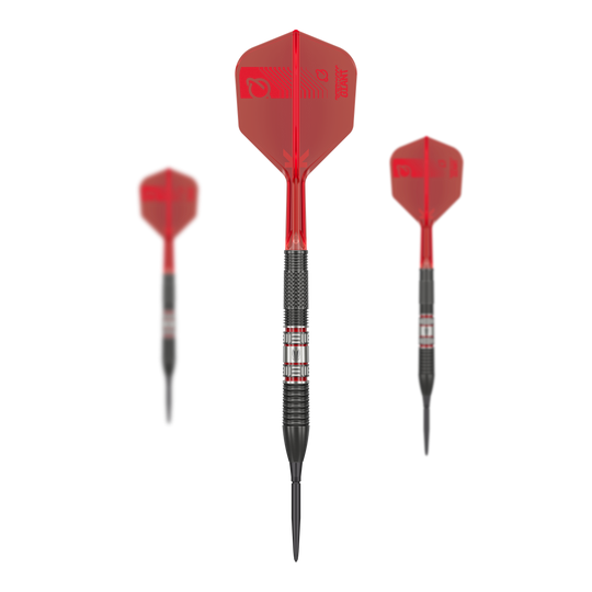 Das Bild zeigt drei Steeldarts des Modells „Target Gabriel Clemens 95K Swiss Point“. Die Darts haben schwarze Spitzen, schwarze Griffbereiche und rote Flights.