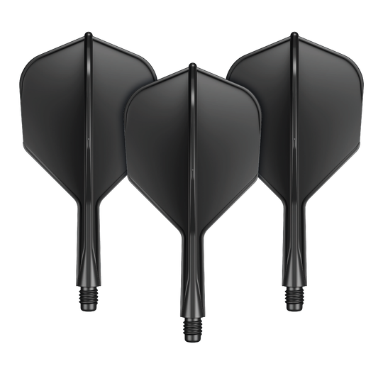 GOAT A1R No6 Flight Shaft System - Black Das Bild zeigt drei schwarze Dart-Flights mit integriertem Shaft. Sie sind nebeneinander angeordnet und verfügen über einen kurzen Schaft mit Schraubgewinde.