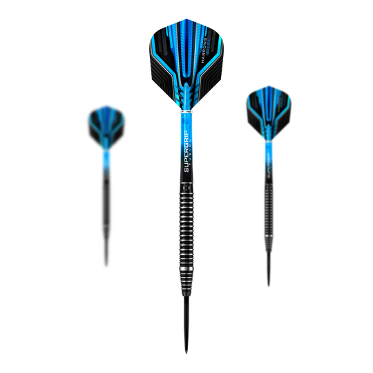 Das Bild zeigt drei Harrows Siege Steeldarts mit schwarzen und blauen Flights. Die Darts haben einen silbernen Ringgriff und einen schwarzen Schaft.