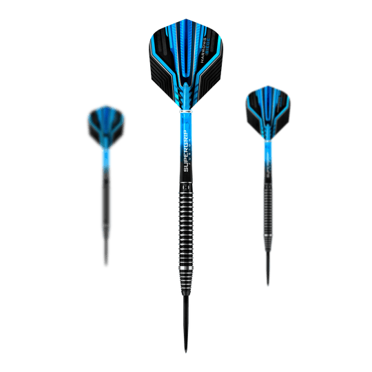 Harrows Siege Steeldarts Das Bild zeigt drei Harrows Siege Steeldarts mit schwarzen und blauen Flights. Die Darts haben einen silbernen Ringgriff und einen schwarzen Schaft.