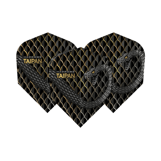 HR25_Harrows_Taipan_Gold_Standard_Flights_1rWBzLDPpGAqsg Das Bild zeigt drei Harrows Taipan Standard Flights für Darts. Die Flights haben ein schwarzes und goldenes Schuppenmuster mit einem Schlangenmotiv.