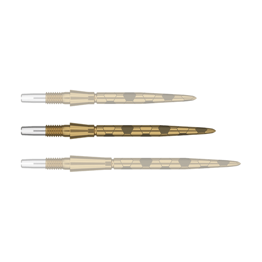 Target Swiss Storm Onyx Point Dart Tips - Gold Auf dem Bild sind drei goldfarbene Dartspitzen mit silbernem Gewinde zu sehen. Sie liegen nebeneinander und haben ein markantes, sechseckiges Muster auf der Oberfläche.