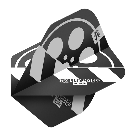 Target Pro Ultra Chris Dobey Hollywood Action No2 Standard Flights - 3 Sets Das Bild zeigt die Target Pro Ultra Chris Dobey Hollywood Action No2 Standard Flights. Die Flights sind schwarz-weiß gestaltet und tragen den Schriftzug "HOLLYWOOD ACTION".