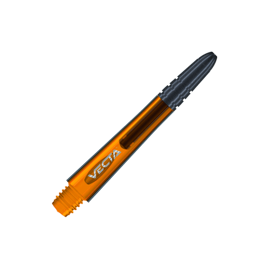 7025-110_Winmau_Vecta_Shafts_Orange_40mm_2 Das Bild zeigt einen orangefarbenen Winmau Vecta Shaft mit einer Länge von 37 mm. Der Schaft hat ein modernes Design und das Wort "VECTA" ist darauf zu sehen.