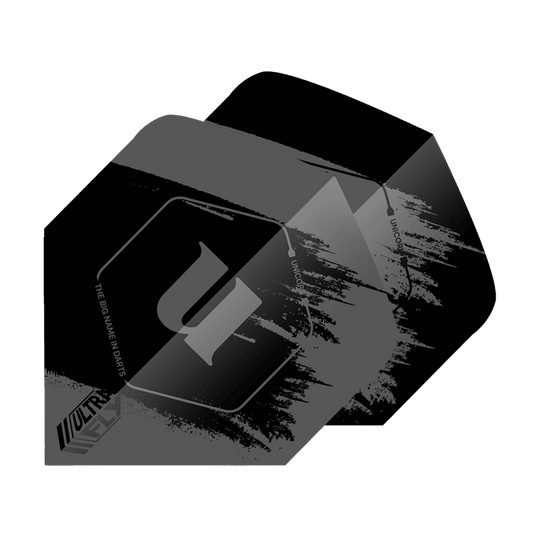 Unicorn Ultrafly 100 Team Unicorn Big Wing Flights - Grey Das Bild zeigt das Produkt "Unicorn Ultrafly 100 Team Unicorn Big Wing Flights - Grau". Die Flights sind überwiegend grau und schwarz mit einem modernen, abstrakten Design und dem Unicorn-Logo.