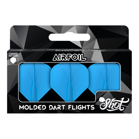 Das Bild zeigt eine Packung mit drei blauen, geformten Dart-Flights der Marke Shot. Auf der Verpackung steht "Airfoil" und "Molded Dart Flights".