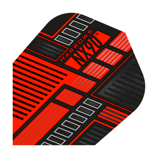 Dies ist ein Harrows Prime NX90 Red Flight für Darts. Das Flight hat ein auffälliges, modernes Design in Rot und Schwarz mit Linien- und Rechteckmustern.