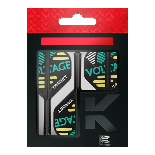 Das Bild zeigt eine Verpackung mit Dart-Zubehör der Marke Target. In der Packung sind drei schwarze Flights und Schäfte mit dem Aufdruck "VOLTAGE" zu sehen.