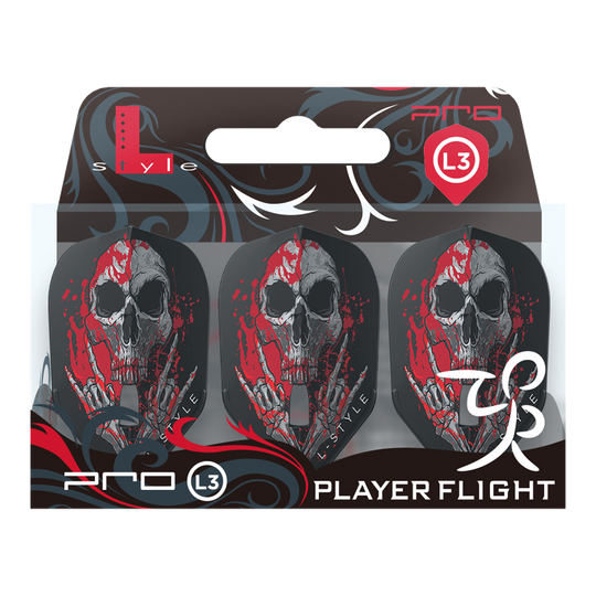 L-Style Ryan Searle V3 L3PRO Black Flights Die Abbildung zeigt ein Set von drei L-Style Ryan Searle V3 L3PRO Black Flights. Auf den Flights ist ein Totenkopf-Design mit roten Farbakzenten zu sehen.