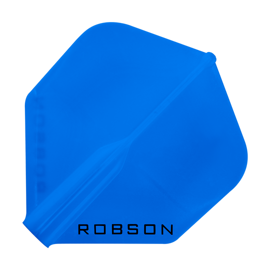 Dies ist ein blaues Dartflight mit der Aufschrift "ROBSON". Es hat eine standardmäßige, rautenförmige Form.