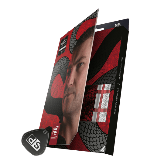 Target Nathan Aspinall GEN2 Swiss Point steel darts Auf der Verpackung sind Target Steeldarts mit einem auffälligen roten und schwarzen Design zu sehen. Die Packung zeigt auch ein Porträt eines Mannes und den Namen "Nathan Aspinall".