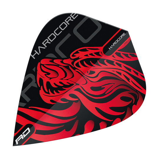 TF6500_Red_Dragon_Hardcore_Jonny_Clayton_Dragon_Kite_Flights_1ZBltoOtqlvMGy Dieses Bild zeigt ein Dart-Flight mit einem auffälligen roten Drachen-Design auf schwarzem Hintergrund. Auf dem Flight steht das Wort "HARDCORE" sowie die Abkürzung "RD".