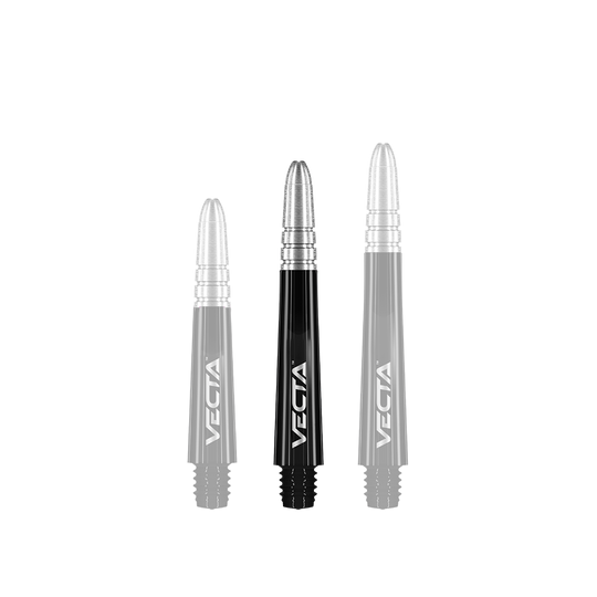 Winmau Vecta Shafts - Schwarz Silber Das Bild zeigt drei schwarze und silberne Dartschäfte der Marke Vecta. Sie stehen nebeneinander in unterschiedlichen Längen.