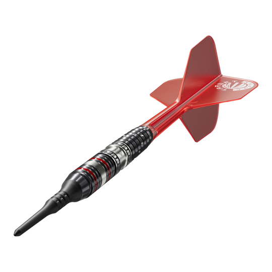 Das Bild zeigt einen Softdart der Serie "Target Japan Prime Series Diamond GEN3" mit einem Gewicht von 18g. Der Dart ist schwarz-silbern mit roten Akzenten und hat eine rote Flights.