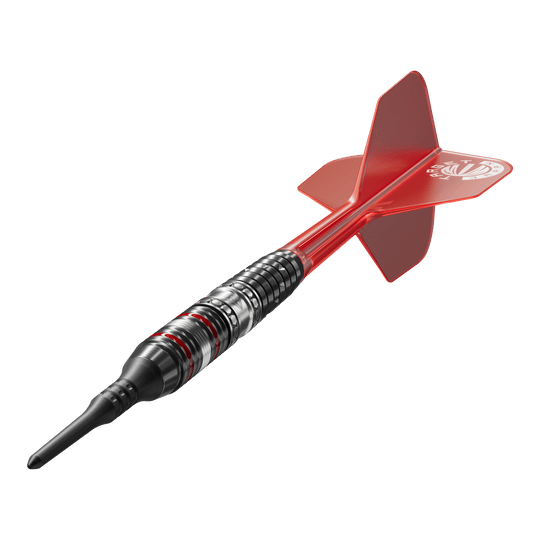 Target Japan Prime Series Diamond GEN3 Soft Darts - 18g Das Bild zeigt einen Softdart der Serie "Target Japan Prime Series Diamond GEN3" mit einem Gewicht von 18g. Der Dart ist schwarz-silbern mit roten Akzenten und hat eine rote Flights.