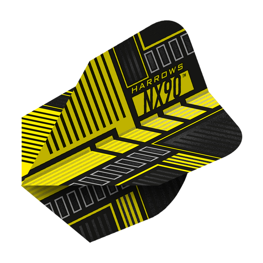 HR47_Harrows_Prime_NX90_Yellow_No6_Flights_2 Das Bild zeigt die Harrows Prime NX90 Yellow Flights mit einem auffälligen gelb-schwarzen Design. Auf den Flights steht der Text "HARROWS NX90".