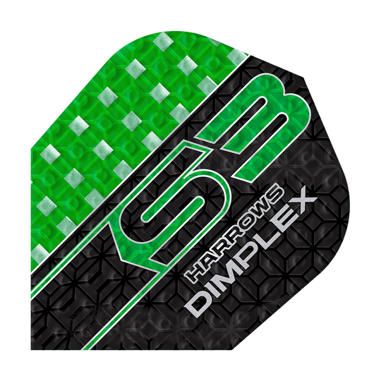 Harrows Dimplex S3 Flights - Green Das Bild zeigt ein Harrows Dimplex S3 Dart Flight in grün und schwarz mit geometrischem Muster. Auf dem Flight steht "S3 Harrows Dimplex" in auffälliger Schrift.