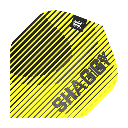Das Bild zeigt ein Dartflight mit gelb-schwarzen diagonalen Streifen. Auf dem Flight steht in großen Buchstaben das Wort "SHAGGY".