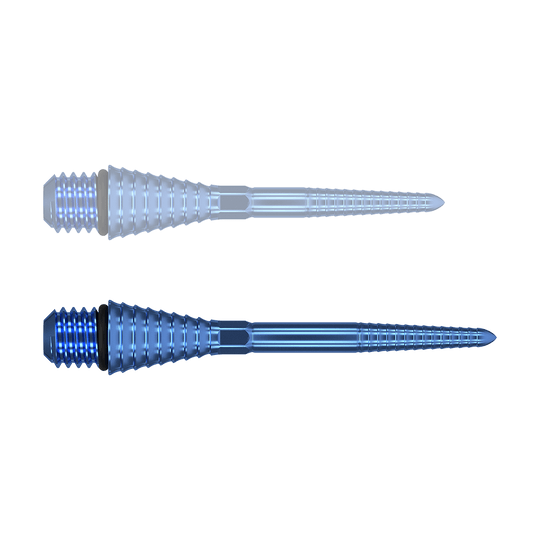 380177_Target_Titanium_Swiss_Point_Grooved_Conversion_Points_Blau_30mm_1K4jXXPlE7y5MK Das Bild zeigt zwei blaue, gerillte Titanspitzen mit Schraubgewinde. Sie sind länglich und haben eine konische Form.