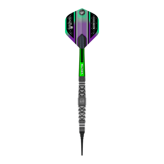 Winmau Simon Whitlock Atomized Grip Soft Darts Das Bild zeigt den Winmau Simon Whitlock Atomised Grip Softdart. Der Dartpfeil hat grüne und schwarze Akzente sowie eine strukturierte Griffzone.