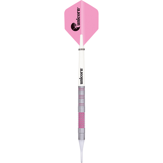 06033_Unicorn_Autograph_Softdarts_1nZM6WqPDc0wUz Das Bild zeigt einen Softdart der Marke Unicorn mit einem Gewicht von 19g. Der Dart hat eine pinke Flugfeder und einen silbernen Schaft mit pinken Akzenten.