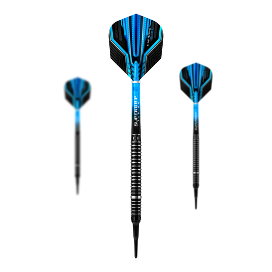 Das Bild zeigt drei Softdarts des Modells "Harrows Siege" mit blauen und schwarzen Flights. Die Spitzen sind schwarz und die Schächte haben ein silber-schwarzes Ringmuster für besseren Halt.