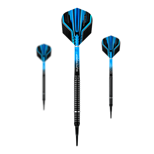 Harrows Siege Softdarts Das Bild zeigt drei Softdarts des Modells "Harrows Siege" mit blauen und schwarzen Flights. Die Spitzen sind schwarz und die Schächte haben ein silber-schwarzes Ringmuster für besseren Halt.