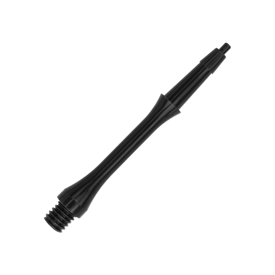 Das Bild zeigt einen schwarzen Harrows Clic Slim Shaft. Es handelt sich um ein schlankes Kunststoffteil für Darts.
