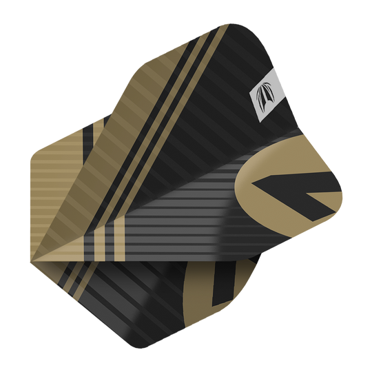 Das Bild zeigt einen schwarzen Dartflight mit goldenen Streifen und Mustern. Es handelt sich um das Produkt "Target Pro Ultra Chicane Black No2 Standard Flights - 3 Sets".