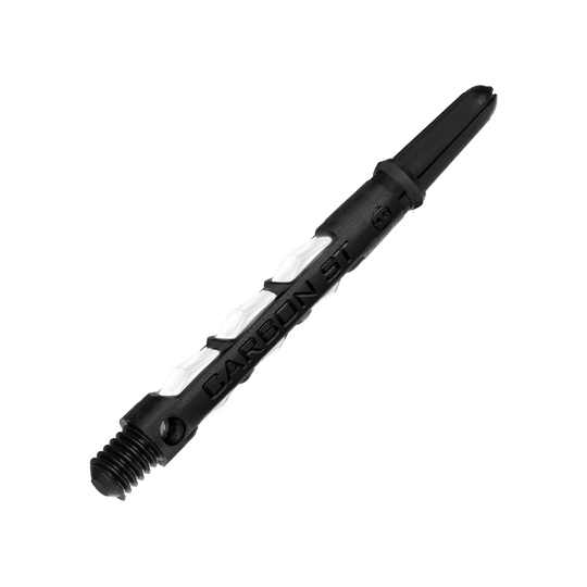 Auf dem Bild ist ein Harrows Carbon ST Shafts in Weiß zu sehen. Der Schaft ist schwarz mit weißen Akzenten und besteht aus robustem Material.