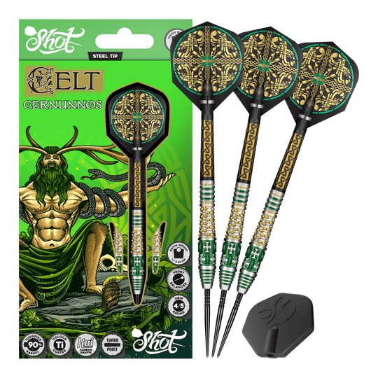 Das Produktfoto zeigt mehrere Shot Celt Cernunnos TurboPoints Steeldarts. Die Darts sind als Gruppe abgebildet.