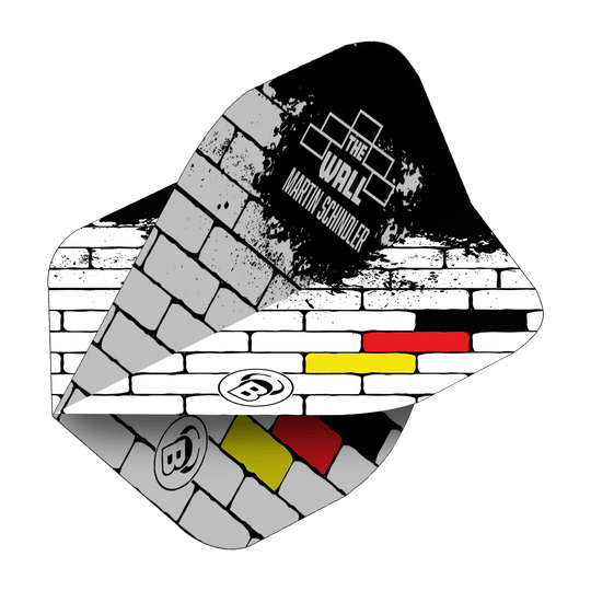 Das Bild zeigt die Bulls B-Star Martin Schindler White No2 Standard Flights. Das Design erinnert an eine weiße Backsteinmauer mit den Farben der deutschen Flagge und dem Text "The Wall Martin Schindler".