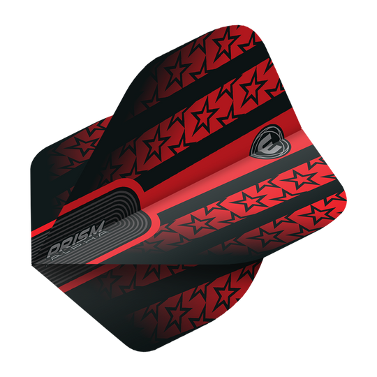 Das Bild zeigt das Produkt "Winmau Prism Alpha 6915.178 Standard Flights". Die Flights sind rot-schwarz gestaltet und mit Sternmustern verziert.