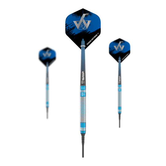 Bulls Jermaine Wattimena Generation 3 Soft Darts - 20g Das Bild zeigt die Bulls Jermaine Wattimena Generation 3 Softdarts mit einem Gewicht von 20g. Die Darts haben ein blau-silbernes Design mit schwarzen und blauen Flights.
