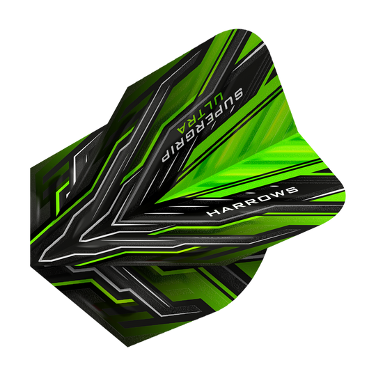 HR11_Harrows_Supergrip_Ultra_Green_Standard_Flights_2 Das Bild zeigt die Harrows Supergrip Ultra Green Standard Flights. Sie sind überwiegend grün und schwarz mit einem modernen, auffälligen Design.
