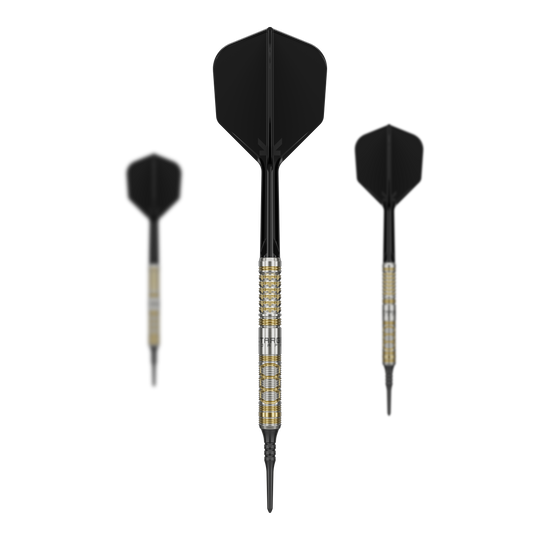 Target Japan Black Marque Reyn GEN2 Soft Darts - 17.5g Das Bild zeigt drei Softdarts des Modells "Target Japan Black Marque Reyn GEN2" mit einem Gewicht von 17,5g. Die Darts haben schwarze Flights und einen metallisch gold-silbernen Schaft.