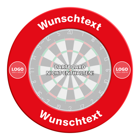 Hier ist eine Dartboard-Surround mit Wunschdruck in roter Farbe zu sehen. Die Datei heißt "MC-2012_Dartboard_Surround_mit_Wunschdruck_Rot_TextLogo_1".