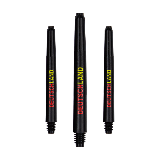 792_Nylon_Shafts_Deutschland_48mm_1 Das Bild zeigt drei schwarze Nylon-Schäfte mit der Aufschrift "DEUTSCHLAND" in den Farben Gelb und Rot. Die Schäfte sind in verschiedenen Längen dargestellt.