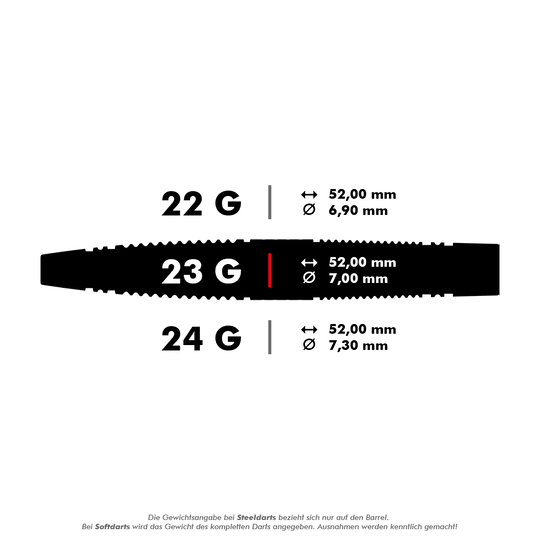 Das Bild zeigt drei verschiedene Dartpfeilgewichte mit ihren jeweiligen Maßen. Die Längen betragen jeweils 52,00 mm, während sich die Durchmesser je nach Gewicht (22g, 23g, 24g) von 6,90 mm bis 7,30 mm unterscheiden.