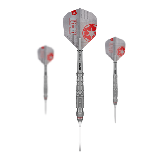 Auf dem Bild ist das Produkt Target Star Wars AT-AT Swiss Point Steeldarts im Set zu sehen. Es zeigt die Zusammenstellung der Dartpfeile in ihrer Verpackung.