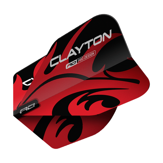 Red Dragon Jonny Clayton Red Black No6 Flights Das Bild zeigt ein Dart-Flight mit dem Produktnamen "Red Dragon Jonny Clayton Red Black No6 Flights". Das Flight ist rot und schwarz gestaltet und trägt den Schriftzug „CLAYTON“.