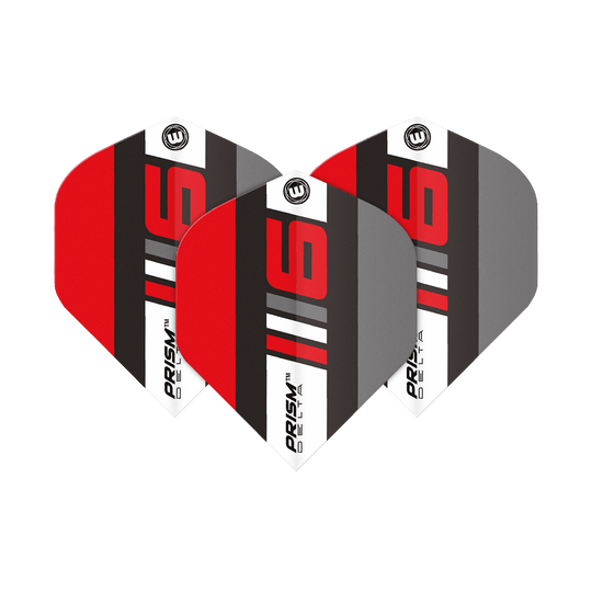 Das Bild zeigt drei Dartflights des Modells "Winmau Prism Delta Blade 6 B Standard Flights". Die Flights sind in den Farben Rot, Schwarz, Grau und Weiß gestaltet und tragen auffällige rote Zahlen und Schriftzüge.