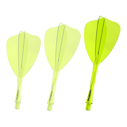 Abgebildet ist erneut das Winmau Fusion Flight Shaft System in Neon-Gelb, 34mm lang. Dieses Produkt wird für das Zusammensetzen von Dartpfeilen verwendet.