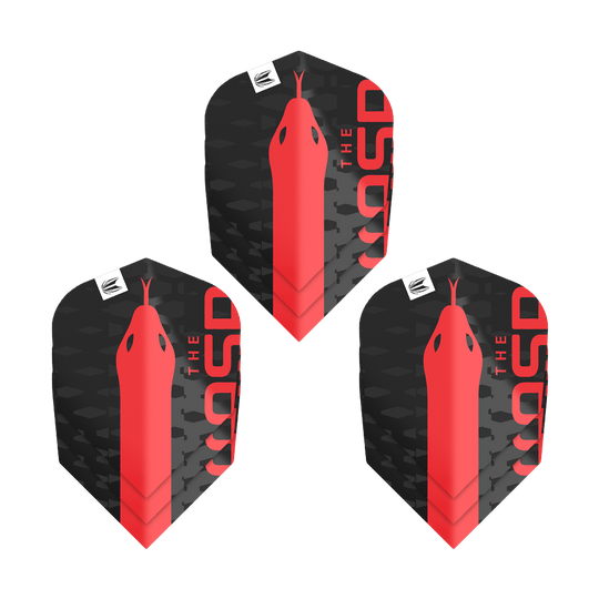 Das Bild zeigt drei Sets der Target Pro Ultra Nathan Aspinall No6 Flights. Die Flights sind schwarz mit einem roten Schlangenmuster und dem Schriftzug "THE ASP".