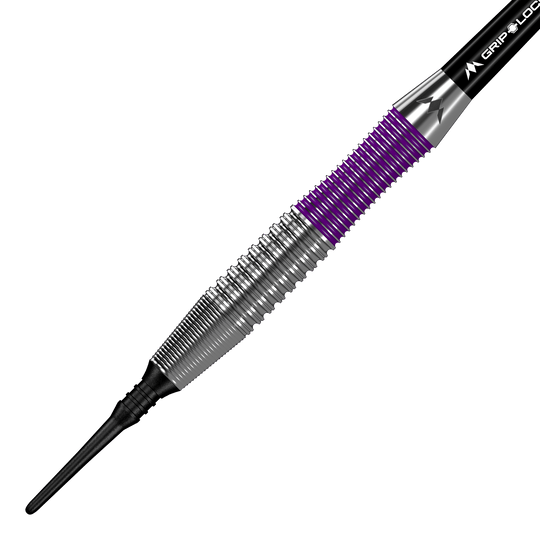 Mission Phantom Brass Soft Darts - 18g Das Bild zeigt den Mission Phantom Brass Softdart mit einem Gewicht von 18 Gramm. Der Dart hat ein silbernes Griffstück mit lila Akzenten und einer schwarzen Spitze.