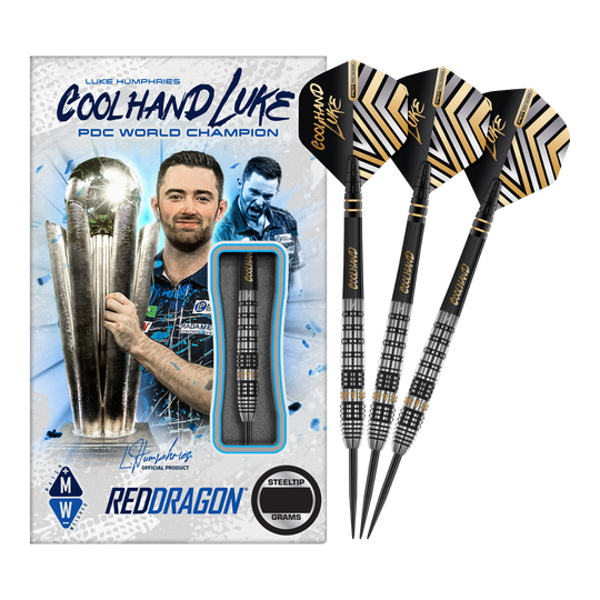 Das Bild zeigt eine Packung "Red Dragon Luke Humphries Prestige Steeldarts" mit einem Bild von Luke Humphries als PDC Weltmeister. Neben der Verpackung sind drei schwarz-silberne Steeldarts mit speziellen Flights abgebildet.