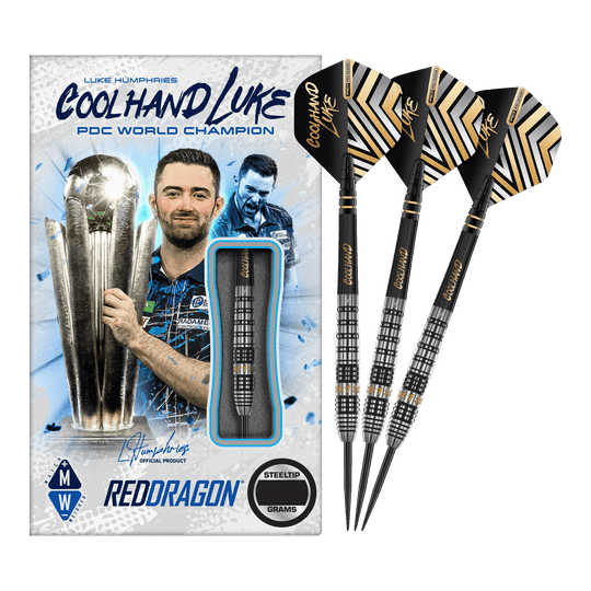 Red Dragon Luke Humphries Prestige Steel Darts Das Bild zeigt eine Packung "Red Dragon Luke Humphries Prestige Steeldarts" mit einem Bild von Luke Humphries als PDC Weltmeister. Neben der Verpackung sind drei schwarz-silberne Steeldarts mit speziellen Flights abgebildet.