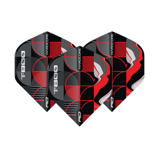 Das Bild zeigt die Red Dragon Hardcore T-800 No2 Standard Flights. Die Dart-Flights sind schwarz, rot, grau und weiß gemustert und tragen die Aufschrift "T800" und "HARDCORE".