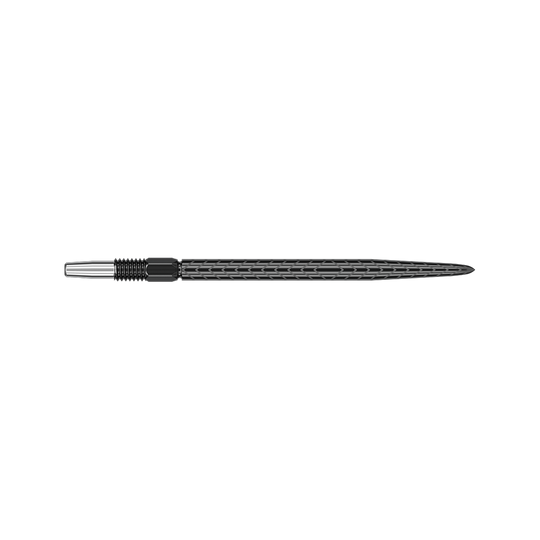 Target Swiss Point RVE dart tips - Black Das Bild zeigt eine schwarze Dartspitze mit einem geriffelten Muster. Die Spitze ist schlank und hat ein silbernes Gewinde am hinteren Ende.