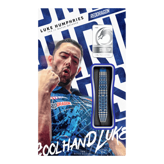 Red Dragon Luke Humphries TX5 steel darts Gezeigt werden die Red Dragon Luke Humphries TX5 Steeldarts. Das Foto stellt die Steeldarts aus einer weiteren Perspektive dar.
